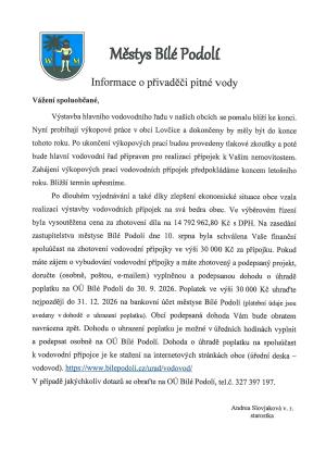 Informační dopis vodovodní přípojky 